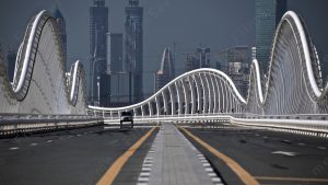 Dubai Bridge Film Location Meydan sets a striking scene of modern infrastructure blending with the natural environment.